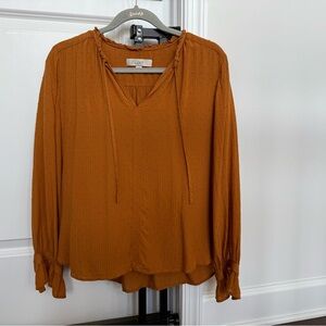 LOFT Women's Rust Clip Dot Blouse w Ruffle Sleeve Size Small